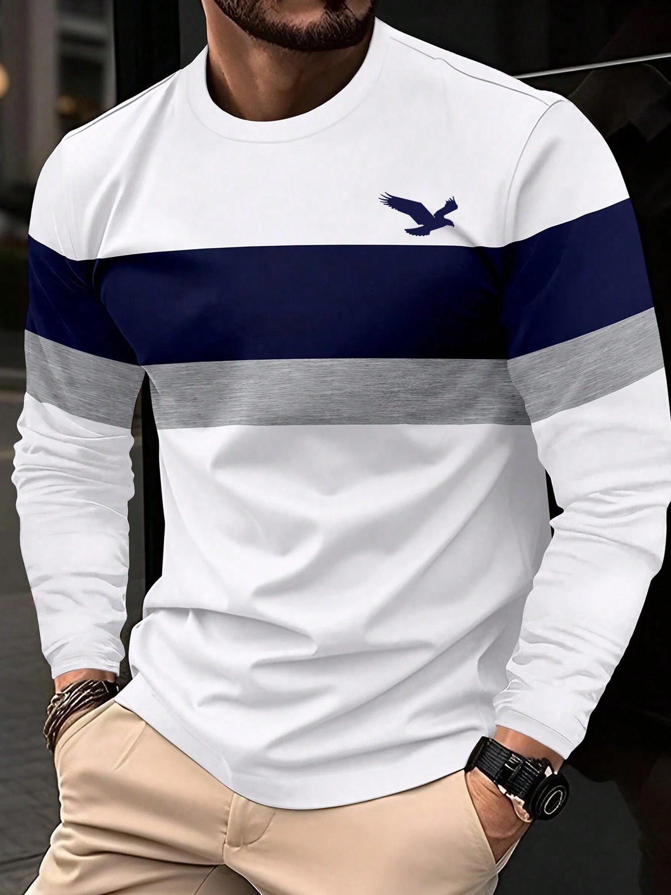 Autumn New Black & White Contrast Business Casual Round Neck Men's Long Sleeve T-Shirt