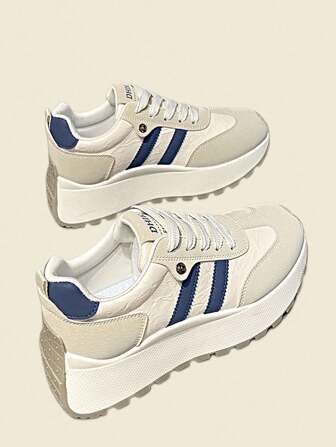 新款厚底系带女式运动鞋，撞色，休闲百搭，增高，透气，2024 年秋季