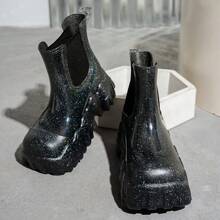 Red Slip-On High Heel Square Toe Waterproof Ankle Boots For Women - Black - View 2
