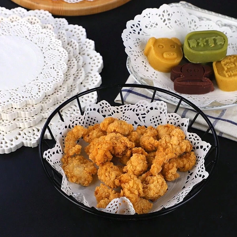 150张炸点心吸油纸蕾丝纸一次性垫厨房烘焙蛋糕纸垫披萨烧烤纸 - 彩色 - 查看 1