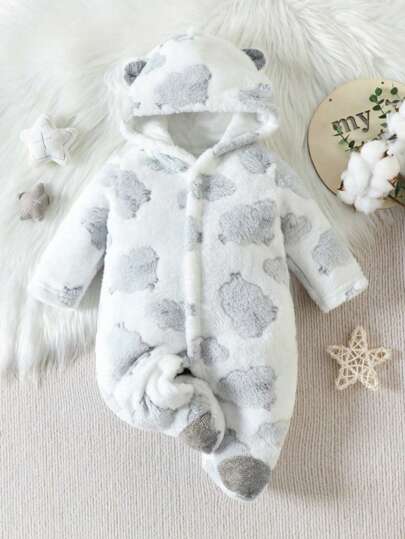 1pc Newborn Animal Print Fleece Hooded Romper For Baby Boys, Comfortable Sleepwear