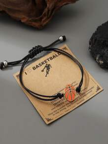 1pc Basketball-Themed Football-Themed Rugby-Themed Sports Black Wax Rope Braided Bracelet For Boys, Suitable For Daily Wear; A Great Gift For Friends