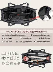 NEWHEY 15.6英寸女士真皮防水笔记本电脑包，大容量笔记本电脑手提包，专业商务办公公文包，轻便女士单肩手提包 - 黑色 - 查看 6