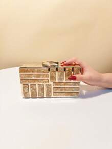 亚克力镂空风格女士晚宴包翻盖时尚新款手提包单肩包手提包情人节礼物爱情节日约会斋月婚礼女友礼物 - 金色 - 查看 3