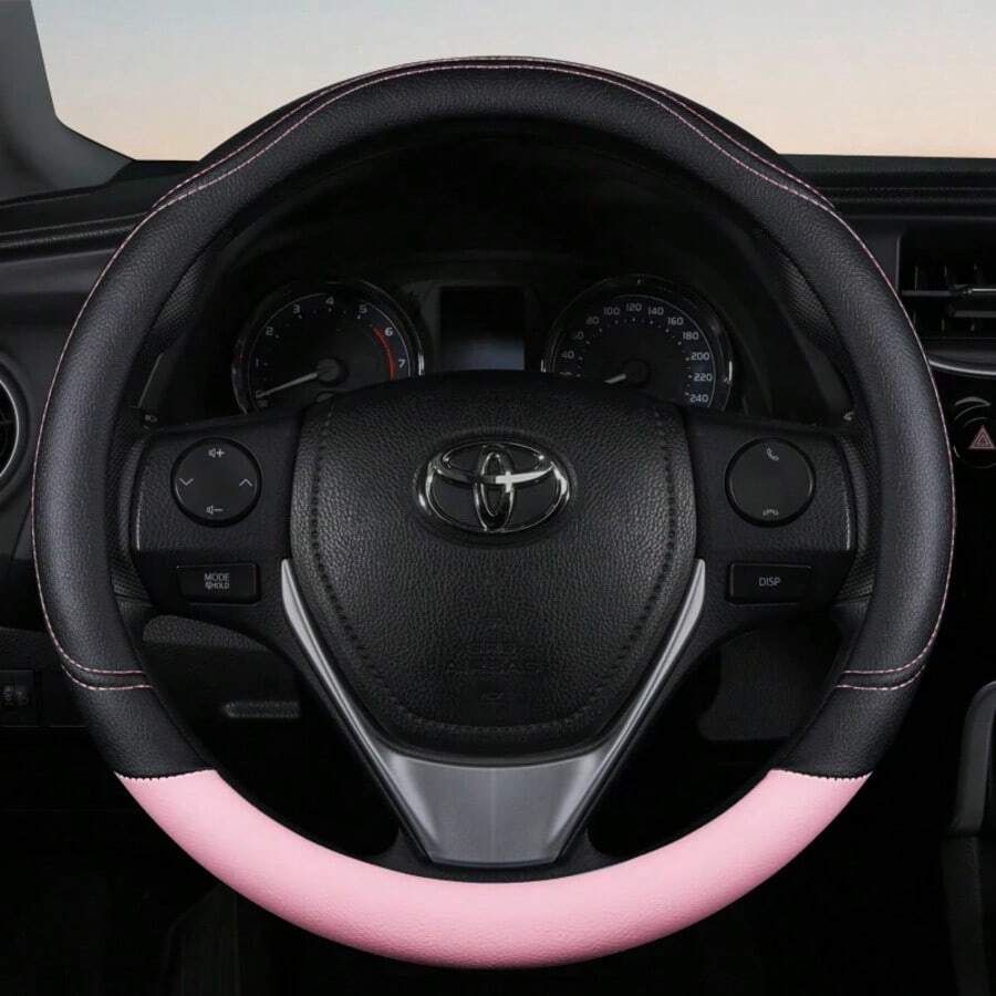 PU Leather Contrast Colour Car Steering Wheel Cover  Sweat Absorbent, Wear Resistant And Non-Slip, Universal In All Seasons - Pink - View 1