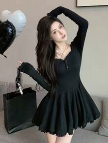 Solid Lace Patchwork Pleated Knitted Dress For Women's Spring Autumn Long Sleeved Slim Clothes Sweet Big Swing Concert Festival Dresses - Black - View 3