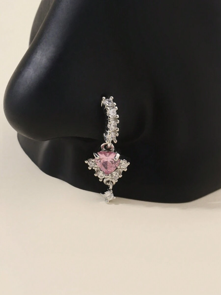 1 件优雅银铜鼻环配粉色方晶锆石心形吊坠 - 百搭奢华，适合日常佩戴或送礼