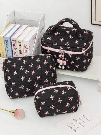 Floral Bow Decor Makeup Bag, Fabric Print Zipper Pouch, Sweet Style Toiletry Bag, Cosmetic Bag For Home, Travel, Daily Use, Women Makeup Organizer Makeup Storage Bag Mini Pouch Travel Small Makeup Case Accessories Make Up Holder Brush Bag Make Up Container Cosmetic Bag Travel Essentials Ladies Accessories Travelling Stuff Summer Travel, Vacation Home Bathroom Decor Holiday Makeup Organizer Bathroom Accessories Back To School