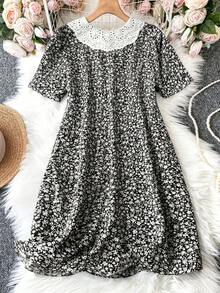Plus Size Boho Women's Korean Version Loose Ditsy Floral Peter Pan Collar French Dress, Summer