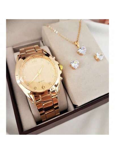 Kit Relógio Feminino Dourado Prata + Colar Brinco Folheado