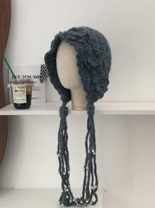 1 件女式 3D 花朵串珠流苏针织耳罩式帽子，温暖花朵手工针织帽，适合秋冬季 - 彩色 - 查看 14