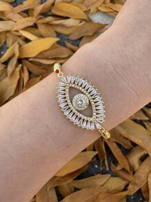 1 pieza Brazalete ajustable con diseño de ojo y corazón microincrustrando circonia, baño de cobre dorado, moda y creativo, adecuado para hombres y mujeres, ideal para usar a diario y fiestas