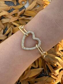 1 pieza Brazalete ajustable con diseño de ojo y corazón microincrustrando circonia, baño de cobre dorado, moda y creativo, adecuado para hombres y mujeres, ideal para usar a diario y fiestas