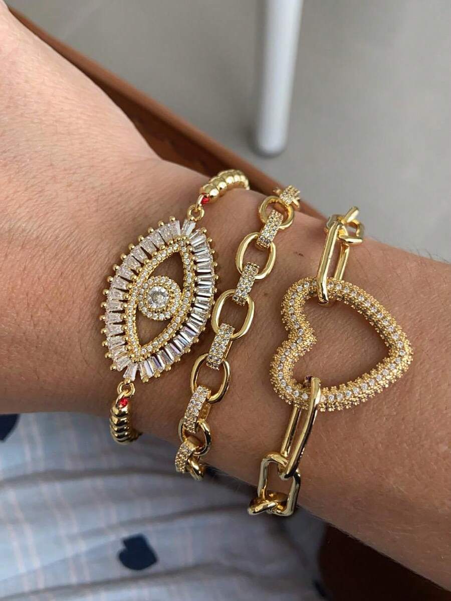 1 pieza Brazalete ajustable con diseño de ojo y corazón microincrustrando circonia, baño de cobre dorado, moda y creativo, adecuado para hombres y mujeres, ideal para usar a diario y fiestas