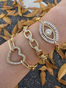 1 pieza Brazalete ajustable con diseño de ojo y corazón microincrustrando circonia, baño de cobre dorado, moda y creativo, adecuado para hombres y mujeres, ideal para usar a diario y fiestas