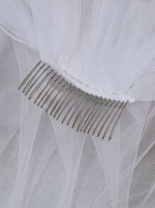 1pc Pearl Beaded Bow Double Layer Bridal Veil With Wavy Edge And Hair Comb