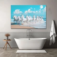 1 Pc Running White Horse Wooden Framed  Canvas Painting Thickness 2.25cm/0.9inch High Quality Wall Art Prints Poster Direct Hanging Wall Picture Decor For Home Gifts, Christmas Gift,Living Room, Bathroom, Bedroom, Kitchen