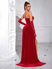 ADYCE 纯色无肩带长款缎面礼服，前开衩露背设计，适合派对、宴会、舞会、盛会、婚礼宾客、毕业典礼、新年晚会等场合。（不含手套） - 紅色 - 查看 2