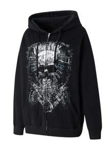 Women Y2k Goth Zip Up Hoodie Fairy Grunge Oversized Hooded Sweatshirt Adults Casual Skull Graphic Printed Long Sleeve Jacket With Pockets Gothic 90s Clothes For Teen Girls Streetwear Fall Spring Outerwear - 黑與白 - 查看 3