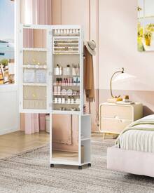 HEXCELEN Jewelry Cabinet, Mirror Cabinet, Standing Jewelry Organizer With 1 Clothes Rack, 3-Tier Shelves With 4 Coat Hooks, White - 米色 - 查看 2