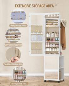 HEXCELEN Jewelry Cabinet, Mirror Cabinet, Standing Jewelry Organizer With 1 Clothes Rack, 3-Tier Shelves With 4 Coat Hooks, White - 米色 - 查看 6