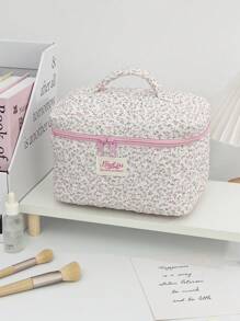 1 Piece/Set Cute Pink Floral Cosmetic Bag Quilted Large Capacity Makeup Bag With Zipper Ditsy Floral Toiletry Wash Bag Portable Travel Makeup Brushes, Skincare Storage Pouch For Woman Flower Travel Toiletry Organizer Bag Pink Skincare Bag For Floral Pencil Case For School Bag Wedding Bridesmaid Gifts, Birthday Gifts, Mom Gifts - Pink - View 14