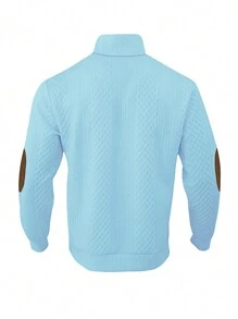 男士提花针织长袖上衣，秋冬简约立领汗衫，纯色圆领T恤，男士长袖T恤，送给男朋友的节日礼物 - 淺藍色 - 查看 6