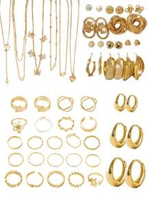 92-37 Stücke elegantes Vintage Schmetterling, Herz, Kunstperle, Knoten, Stern, Mond, Strass, breites Band, Schlangenkette, Flechtenkette, geometrische C-förmige Ohrringe, Halskette, Ring, Armband Schmuckset, geeignet für Feiertage, Partys, Alltagstragen, als Geschenk zu Festivitäten
