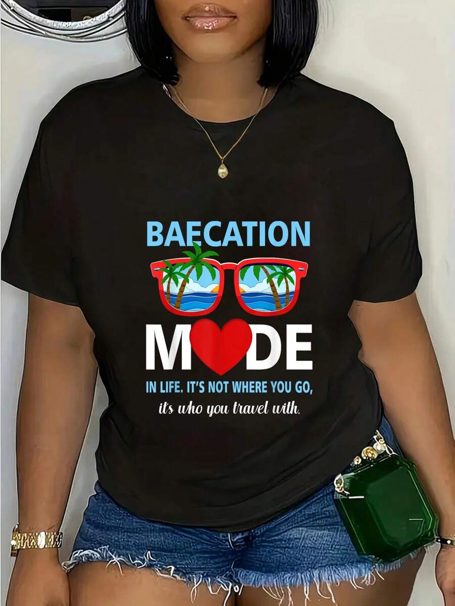 Camiseta de viaje en pareja 100 % algodón a juego para vacaciones de verano, con el mensaje "Mode-Vibes" - Negro - Ver 1
