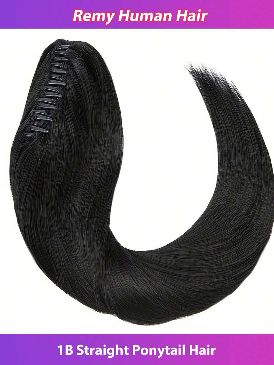 Long Straight Ponytail Hair Extensions Natural Black Color Real Human Hair Claw Clip In Perfect For Women Easy To Use And Maintain