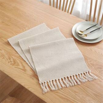 1 件北欧风格装饰性编织亚麻桌旗，简约纯色配流苏边缘，适用于餐桌、咖啡桌、书桌、野餐等。