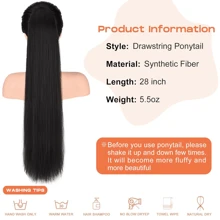 Ponytail Extensions Drawstring Long Straight Fake Pony Tail Natural Soft Clip In Hair Extension Synthetic Heat Resistant Hairpiece 32 Inch 165 Gram Black, 1B - Black - View 3