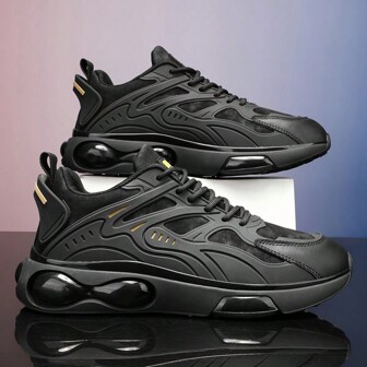 Men's New Solid Color Height Increasing Lightweight Shock Absorbing Blade Air Cushion Running Shoes, Fashion Thick Sole Casual Sports Sneakers, Suitable For All Seasons