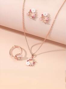 4pcs/Set Girl's Delicate Floral Earrings, Rings, Necklace Jewelry Set, Fashion Suits For Ball, Party And Everyday
