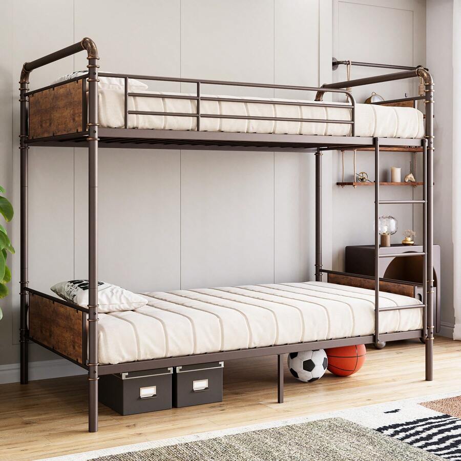 CuisinSmart Twin Over Twin Metal Bunk Bed Frame With High Guardrail And Ladder,2 In 1 Convertible Bunk Bed Frames For Kids/Teens/Adults,Easy Assembly - 棕色 - 查看 1