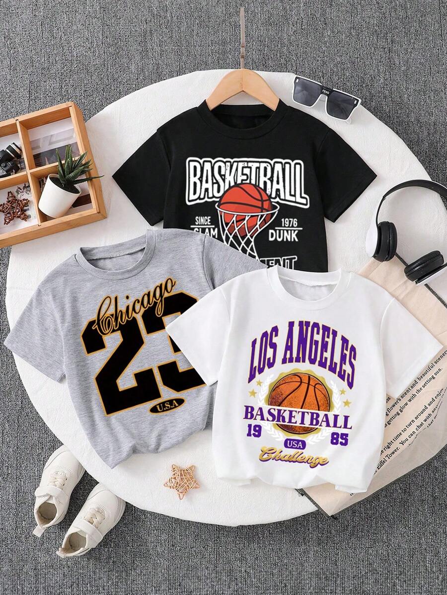 3pcs Tween Boy Basketball Letter Print Short Sleeve Tee Set - Multicolor - View 1