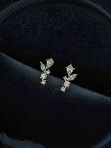 1 Pair Casual S925 Sterling Silver Full Cubic Zirconia Wheat Leaf Stud Earrings, Luxury Everyday/Date/Gift Jewelry For Women