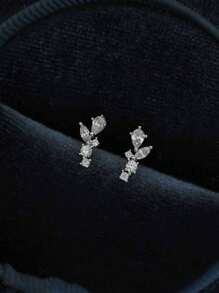 1 Pair Casual S925 Sterling Silver Full Cubic Zirconia Wheat Leaf Stud Earrings, Luxury Everyday/Date/Gift Jewelry For Women