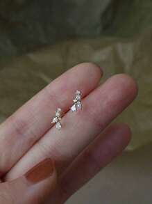 1 Pair Casual S925 Sterling Silver Full Cubic Zirconia Wheat Leaf Stud Earrings, Luxury Everyday/Date/Gift Jewelry For Women