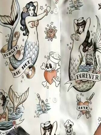 Women's Regular Sleeve Button-Up Shirt With Vibrant Mermaid And Nautical Tattoo Graphic