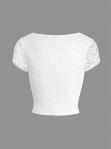 Ladies' Valentine's Day Sexy V-Neck Lace Hollow Out Slim Knit Short Sleeved Shirt - 白色 - 查看 4