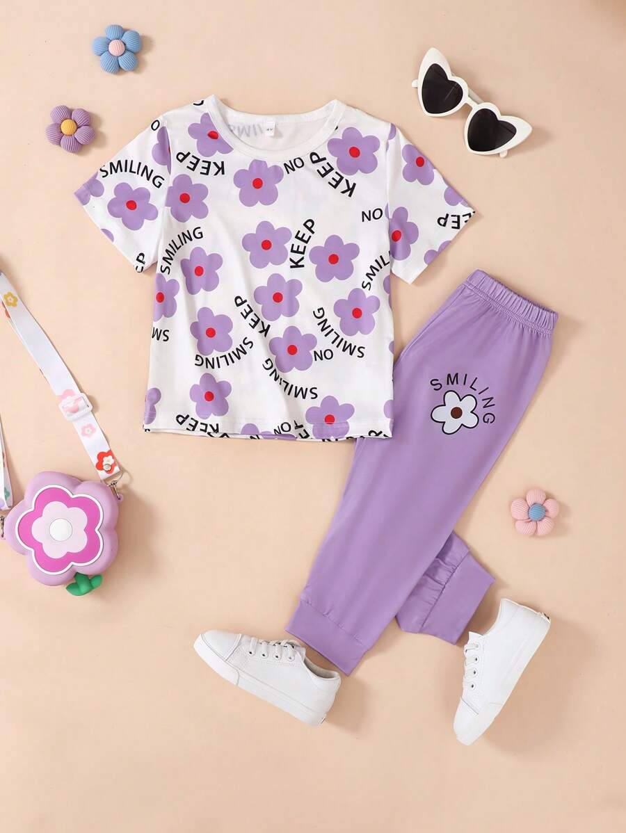 Young Girl Summer Casual Floral & Letter Print Design Short Sleeve Crop Top And Bottoms Set