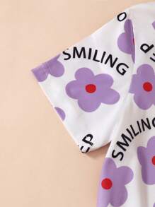 Young Girl Summer Casual Floral & Letter Print Design Short Sleeve Crop Top And Bottoms Set