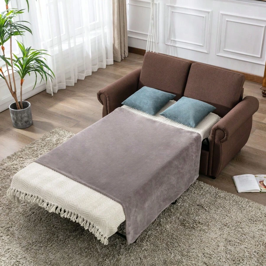 57.5" Orisfur Pull Out Sofa Bed  Loveseat Sleeper With Twin Size Memory Mattress For Living Room Spaces, Brown - Multicolor - View 1