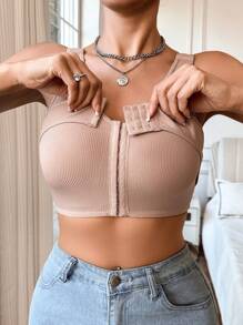 1 件女士纯色前扣舒适胸罩 - 杏色 - 查看 5