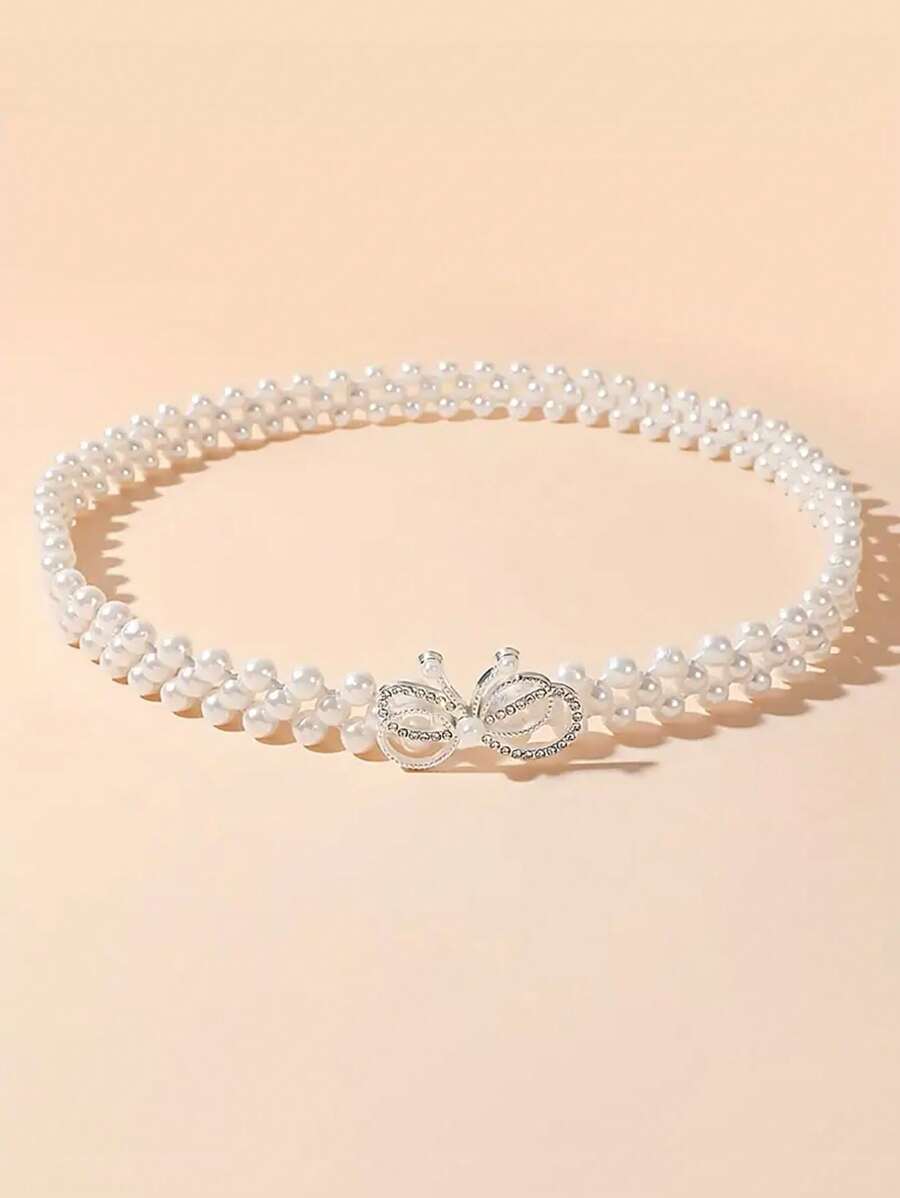 Elastic Waist Belt With Butterfly Rhinestone Decor, Elegant Dress Waistband - White - View 1