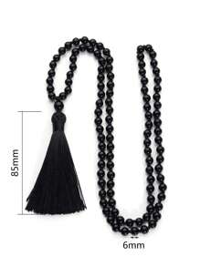6mm Black Agate Knotted 108 Beads Mala Necklace Meditation Yoga Prayer Jewelry Gifts For Women Men With Tassel Pendant Japamala Rosary Boho Style