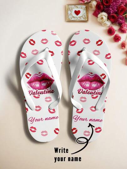 Custom Flip Flops For Couples – Personalized Name Design With Lips & Heart Patterns, Romantic Valentine's Day Gift, Customize His & Hers Sandals For Anniversaries, Birthdays, Honeymoons, Unique Couple Matching Shoes