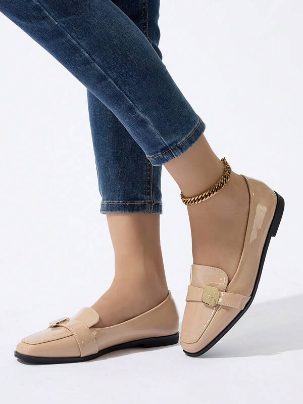 Damen Slipper Schuhe mit flachem Absatz, quadratische Zehenpartie, Metallschnalle, leicht, Lässig, rutschfest, kleine Lederschuhe mit flachem Absatz