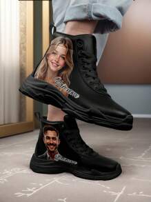 Custom Faux Leather High-Top Sneakers With Personalized Photo And Name, Waterproof Casual Shoes, Unique Gift For Men And Women, Customize Fashion Footwear For Birthdays, Anniversaries, Or Holidays, Comfortable And Stylish Faux Leather Sneakers